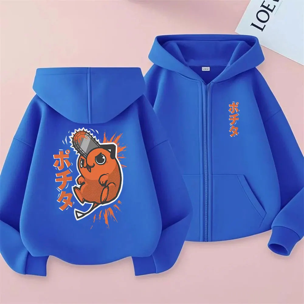 Anime Chainsaw Man Washed Retro Zipper Hoodie Cartoon Denji Pochita Funny Graphic Zip Up Jacket Men Women Manga Oversized Coat